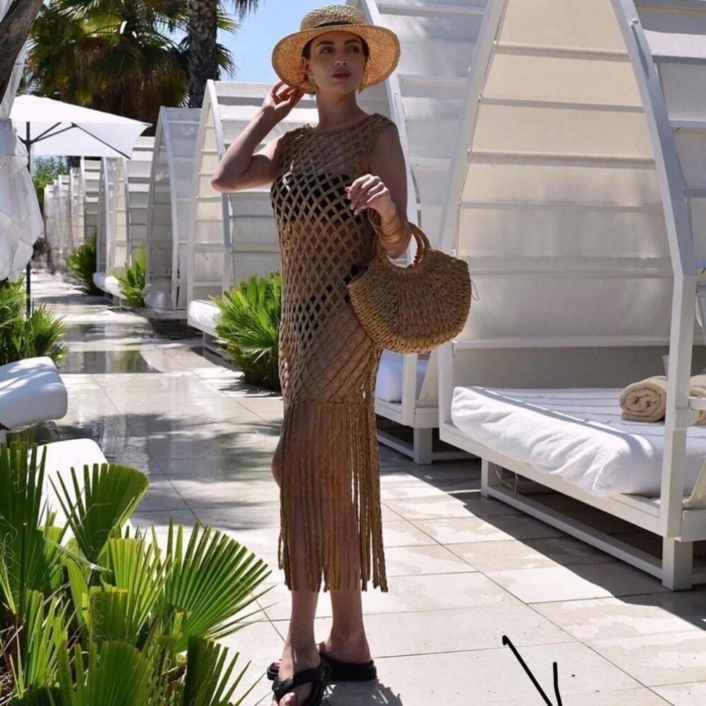 ZARA WOMEN MESH DRESS WITH FRING BEACH COVERUP Tan Crochet Small - Picture 5 of 13